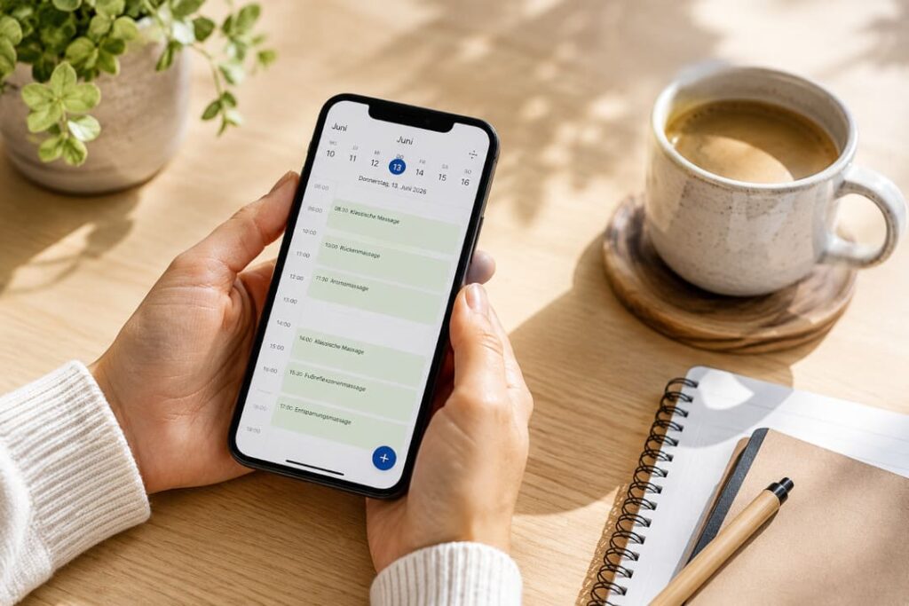 Smartphone mit Online-Terminübersicht als Symbolbild für den Hinweis zur Online-Terminbuchung bei der Massagepraxis Astrid Degen für Kundinnen und Kunden mit einer Bluewin-E-Mail-Adresse.