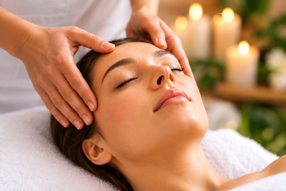 Indische Gesichtsmassage (Mukabhyanga) mit sanften Massagegriffen an Stirn und Schläfen zur Entspannung in der Massagepraxis Astrid Degen.